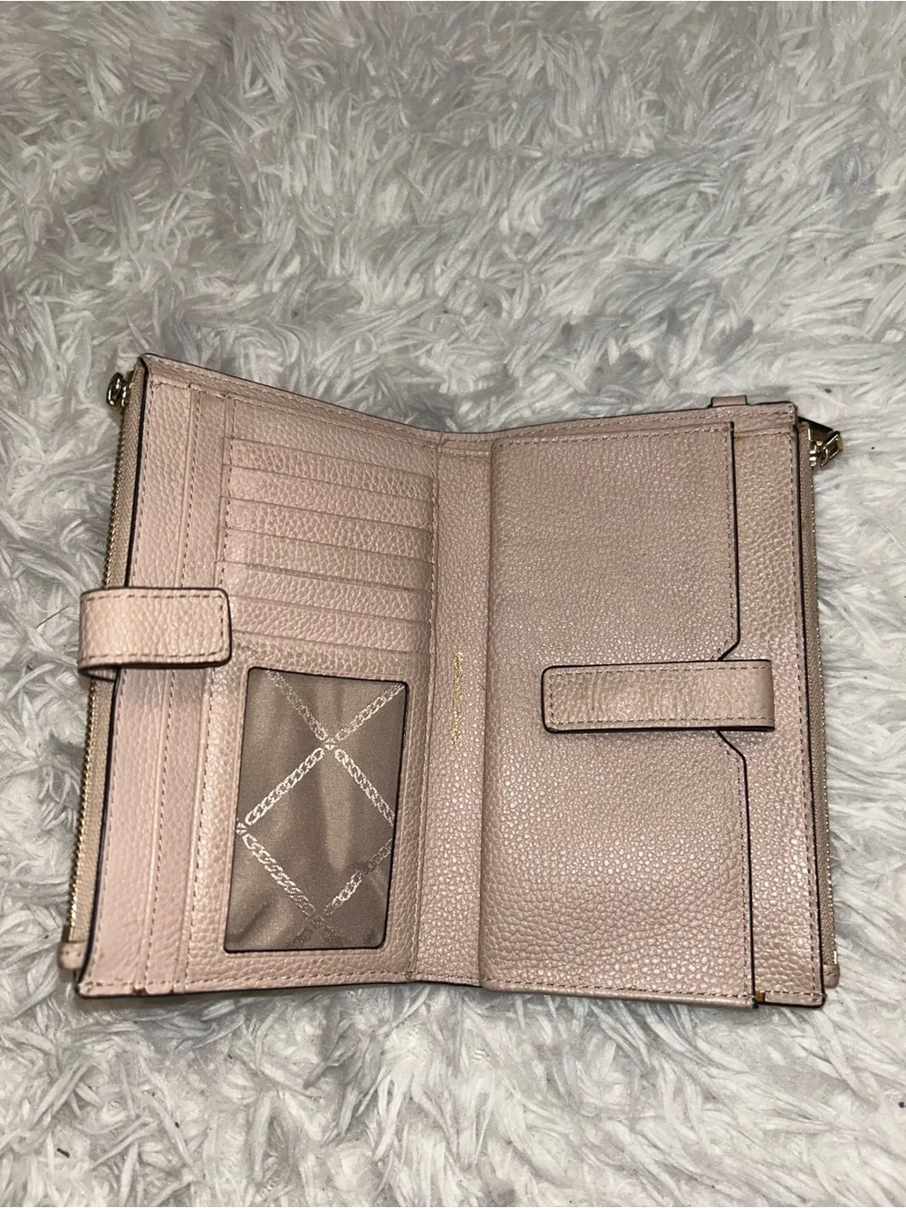 Michael Kors pebbled leather wristlet wallet pinkish tan with gold-tone hardware